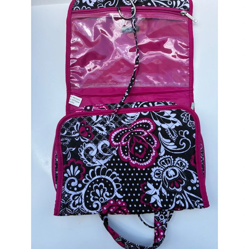 Modella Hanging Toiletry Bag Pink Black Floral Quilted Travel Organizer Case